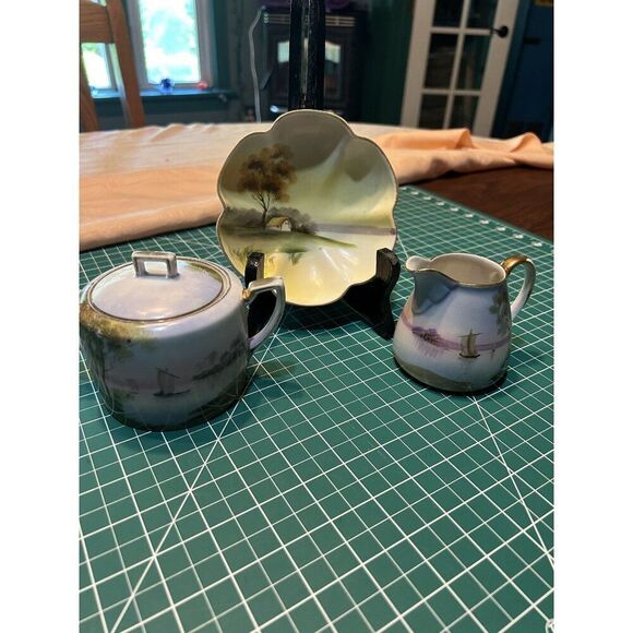 Vintage Noritake Hand Painted Sugar & Creamer Set With Scenic Dish - Picture 1 of 7